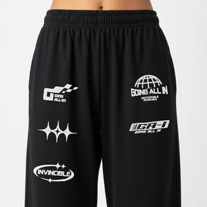 Pantalon de sport noir en tissu éponge respirant, taille haute, coupe large, avec broderie décorative - Product Image 5