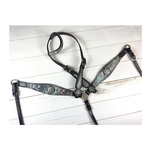 Harnais et collier de poitrail pour cheval en cuir de vache véritable, style western, léger, personnalisé, perlé, équipement d'équitation saisonnier - Product Image 1