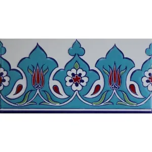 Turquesa turca 4 "x 8" Juego de bordes de azulejos de cerámica Iznik levantados 10 azulejos-Patrón de tulipán y margaritas - Product Image 1