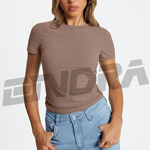 Couleur marron femmes t-shirt marron clair haut basique col rond manches courtes Slim Fit doux coton décontracté minimaliste été tendance - Product Image 1