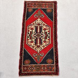 Vintage Rug, 2x4.2 ft Turkish Rug, <b>Red</b> Black Floral <b>Wool</b> Rug - Product Image 1