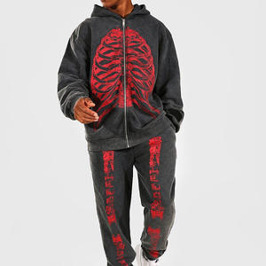 2025 hommes de haute qualité lavage à l'acide survêtement fermeture éclair complète à capuche pantalons de survêtement et sweat à capuche ensemble motif solide 100% coton pour l'hiver - Product Image 1