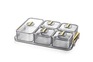Ensemble de 5 plateaux de service pour le petit-déjeuner en plastique PS moderne sans BPA, contenants de stockage alimentaire transparents de 350 ml avec poignée dorée pour la cuisine - Product Image 5