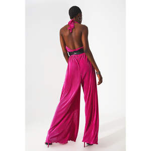 Mono largo plisado de satén fucsia con cuello halter para fiesta - Product Image 1