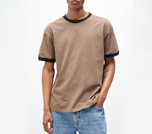 Camiseta con ribete en contraste de cuello redondo de algodón 100% para hombre, camisetas con timbre liso para serigrafía - Product Image 4