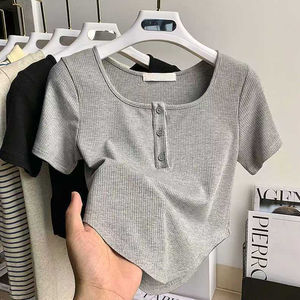 Pull à manches courtes, boutonné, couleur unie, personnalisable, décontracté, confortable, printemps-été, haut court pour femme, nouveau design 2026 - Product Image 6