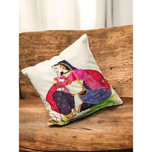 Set of 2 Traditional Rajasthani Lady Digital Print 16x16 Multicolor Cushion <b>Covers</b> Handmade <b>Sofa</b> Decorative <b>Throw</b> Pillow <b>Covers</b> - Product Image 4