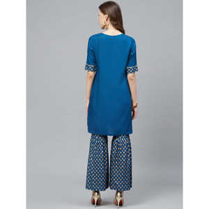 Ensemble Kurta & Sharara droit imprimé bleu rayonne pour femme avec accents dorés - Product Image 5