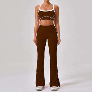 Women's 2-Piece Blue Yoga Set High-Waisted Flared <b>Leggings</b> with Contrast Trim <b>Crop</b> Top Pilates Athleisure Workout Wear OEM - Product Image 2