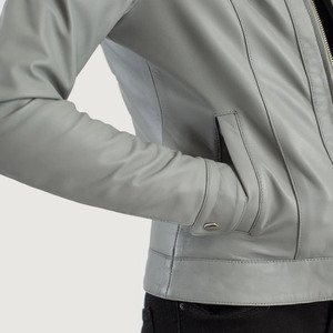 Chaqueta de Moto de cuero gris genuino para mujer, chaqueta de cuero ajustada de piel de oveja de calidad superior con Cuello clásico y cremallera frontal - Product Image 6