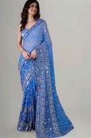 Saree Panjang Tradisional India & Pakistan dengan Batik Tangan dan Bulu Imitasi untuk Wanita, Pakaian Pesta, Bebas Kerut, Warna Dapat Disesuaikan