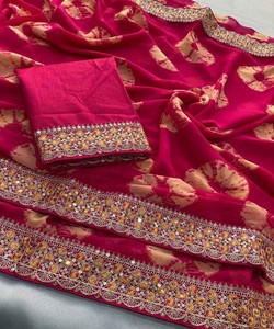 SAREE DE TRAVAIL ATTRACTIF À IMPRIMÉ GEORGETTE ET À BRODERIE AVEC BLOUSE NON COUCHÉE VÊTEMENT FESTIVAL VÊTEMENT ETHNIQUE PRIX DE GROS ROSE - Product Image 3