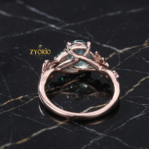 Anillo de Compromiso Ovalado de Ágata Musgosa, Oro de 18K, Anillo de Lujo con Hojas Florales de Ágata Musgosa, Joyería Nupcial Inspirada en la Naturaleza con Acentos de Diamantes - Product Image 5