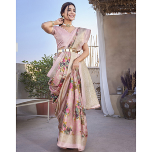 ส่าหรีผู้หญิงพิมพ์ลายผ้าอาร์ตซิลค์พร้อมชุดเบลาส์แบบแยกชิ้นหรูหราน้ำหนักเบาสำหรับสวมใส่สบายๆทุกวันหรือตามเทศกาล - Product Image 1