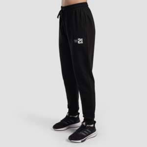 Joggers Varsity noirs en molleton 100 % coton avec plis et motifs, style décontracté chic, taille XL, imperméables, devant plat - Product Image 1