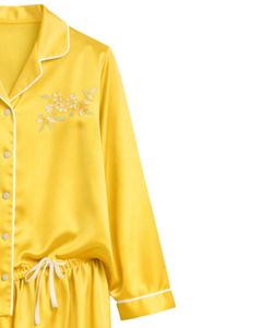 Manufacturer Women Yellow Embroidered Satin Silk <b>Pajama</b> Set Button Down Long Sleeve Sleepwear Luxury Soft Shiny Loungewear - Product Image 3