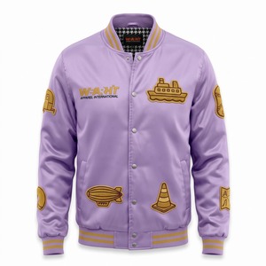 Blouson Bomber en Satin Personnalisé pour Homme, Lilas, avec Patchs en Chenille Dorés, Doublure par Sublimation, Logo Personnalisé, OEM, Streetwear - Product Image 1