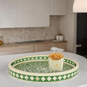 Plateau rond de style moderne avec incrustation de nacre et mosaïque florale turquoise, plateau de service décoratif pour table basse - Product Image 4