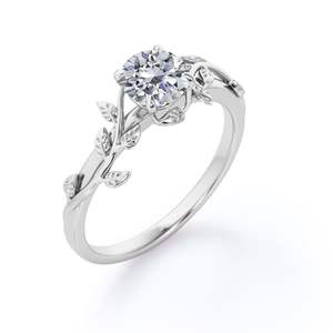 Bague de fiançailles en plaqué or blanc 18 carats sur argent avec des feuilles de branche de Moissanite taille brillante ronde de conception solitaire - Product Image 3
