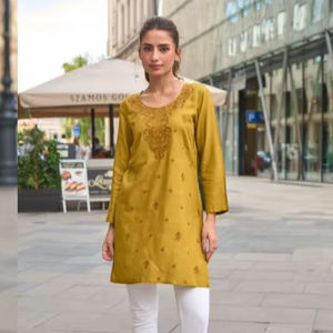 Premium Trendy Rayon Short <b>Kurti</b> with Embroidery Work for College and Office Girls Indian & Pakistani Clothing - Product Image 1