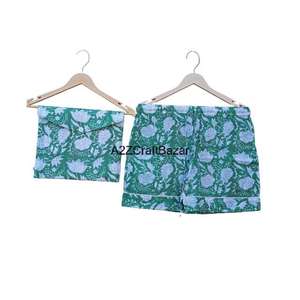 Ensemble de pyjama à manches courtes à col en V avec cordon de serrage imprimé floral indien romantique 100% coton pur fait à la main Doux et respirant - Product Image 3