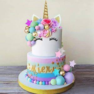 Kit de décoration de gâteau Licorne en plastique 38 pièces avec toppers, cornes, oreilles, fleurs, perles et étoiles pour fête d'anniversaire d'enfants - Product Image 1