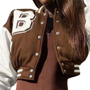 Wholesale 2025 Women's Wool Varsity <b>Jacket</b> with Embroidered Letters and Leather <b>Sleeves</b> Knitted Woven <b>Jacket</b> Design - Product Image 6