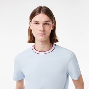 Camiseta de Manga Corta Azul Claro para Hombre, Cuello Redondo, Ribete en Contraste, Corte Ajustado, Informal, de Algodón Jersey, Color Sólido, Transpirable, de Secado Rápido - Product Image 3
