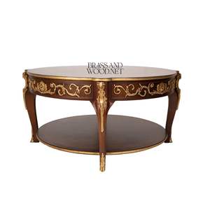 Table basse ronde de luxe avec détails en laiton faits à la main et élégantes incrustations en bois pour une décoration classique de salon - Product Image 3