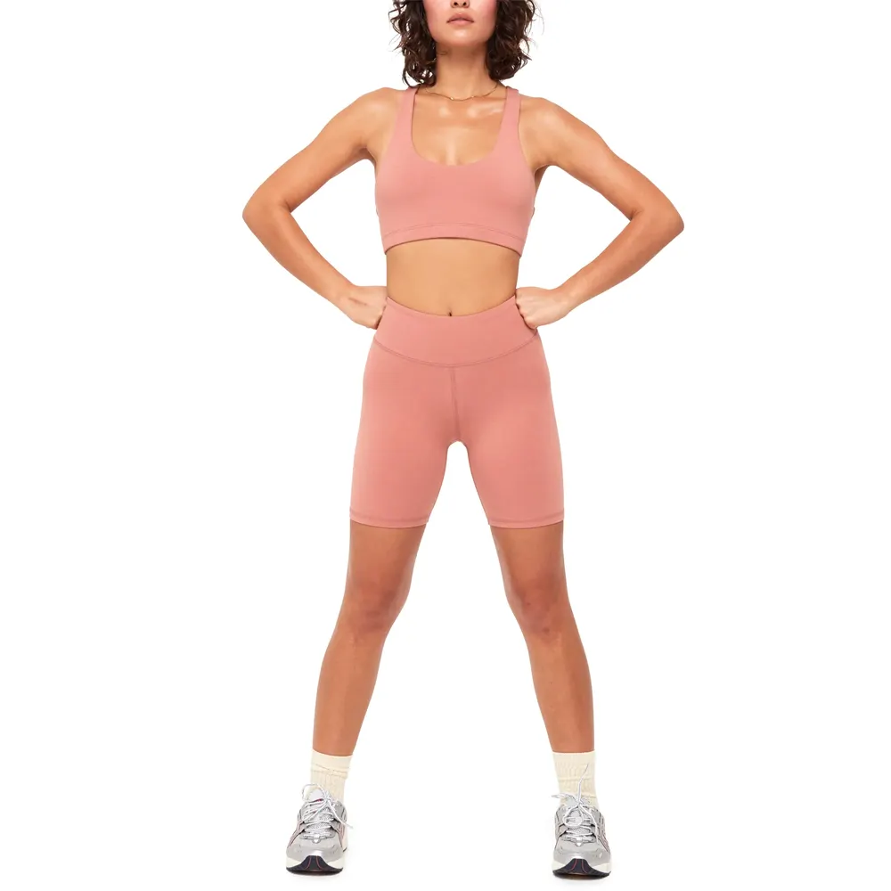 Venta al por mayor de ropa deportiva para ir al gimnasio de mujer, conjunto de motorista atlético de todas las tallas, conjunto de dos piezas de verano de fabricación superior