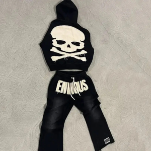 Ensemble de survêtements épais deux pièces pour hommes personnalisés OEM Pantalon de survêtement avec patch de broderie vieilli sweat à capuche lavé à l'acide 100% coton - Product Image 2