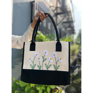 Floral Embroidery Large <b>Canvas</b> <b>Tote</b> Bag Custom Logo Durable Reusable Portable Zipper Closure All Seasons Daily Use Shopping - Product Image 6