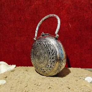 Round Antique Silver Metal Evening <b>Handbag</b> with Carved Medallion Design Luxury Womens Party <b>Wedding</b> Statement Carry Bag - Product Image 2
