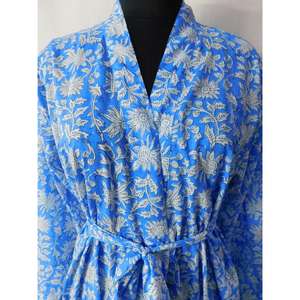 Soft Cotton <b>Kimono</b> Bathrobe with Block Printed Belt <b>Long</b> Nightgown Swimwear Beachwear Winter Nightwear Sleepwear Bikini <b>Robe</b> - Product Image 4