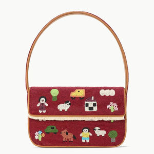 Sacs à bandoulière bordeaux perlés, broderie style vie de campagne, sac à main en perles de verre, pochette fantaisie pour femme, sac à main à franges, motif animaux de la ferme - Product Image 1