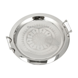 Handmade Round Shape Metal Serving <b>Tray</b> With Wooden Handle <b>Silver</b> Plated Home & Wedding Food and <b>Drinks</b> Serving <b>Tray</b> - Product Image 5