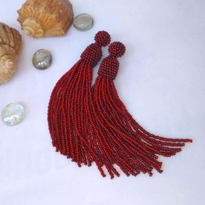 Boucles d'oreilles longues à pampilles et perles bordeaux, grandes boucles d'oreilles à perles et grenat, style bohème, pendantes, couleur marsala - Product Image 1