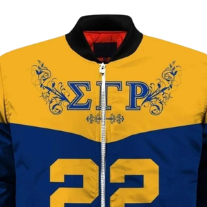 Chaqueta Universitaria Azul y Dorada de Satén SGRho Sigma Gamma Rho 1922, Chaqueta Bomber con Bordado Griego, Estilo Femenino de Hermandad - Product Image 6