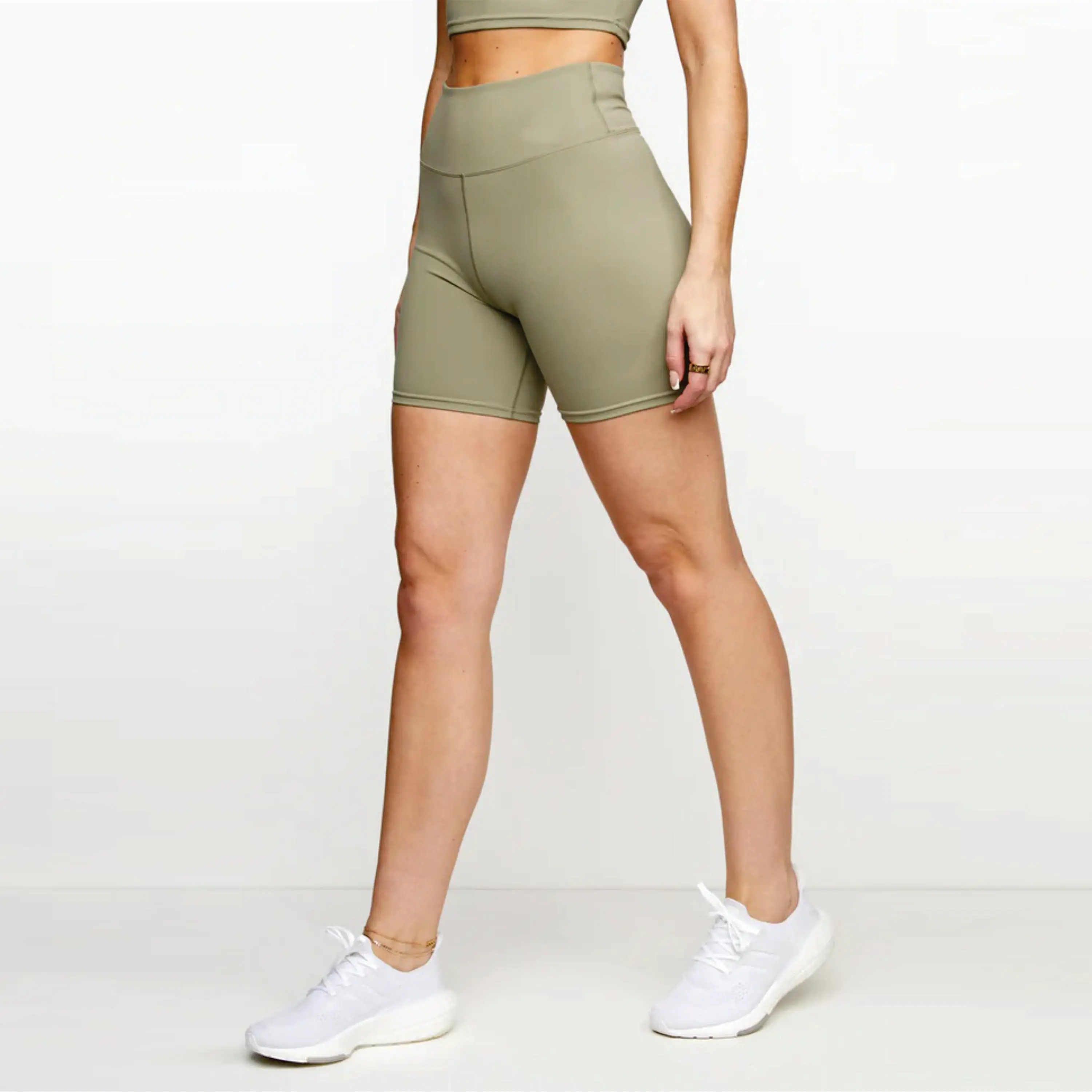 Squat proof & Wickable 78% Nylon 22% Elastane Booty Cut High Rise Fit Women's Sports 5 Inch Pale Olive Cycling Shorts