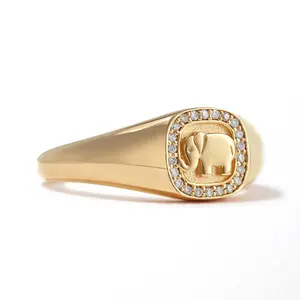 Gemnel Vintage Mannen En Vrouwen Sieraden 14-Karaats Goud Fonkelende Full-Cut Diamanten En Olifant Patroon Stapelen Chunky zegelring