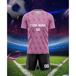 เสื้อฟุตบอลคอวีตัดอัตโนมัติผ้าโพลีเอสเตอร์สีชมพูเสื้อฟุตบอล100% เรขาคณิต - Product Image 4