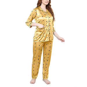2025 colección de invierno pijamas de satén de manga corta para mujer ropa de dormir suave Cierre de botón amarillo azul patrón sólido al por mayor - Product Image 1