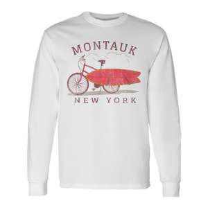 Camiseta de manga larga con diseño de bicicleta estilo retro para fanáticos del surf de Montauk, Nueva York, ropa promocional premium - Product Image 1