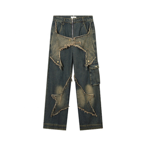 Streetwear personnalisable à jambes larges, denim monogramme, gaufrage, deux patchs au genou, finition délavée, tissu denim de haute qualité, OEM - Product Image 2