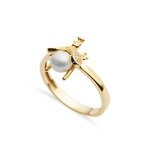 Anillo artesanal con diseño de abeja, con perlas y circonitas, en plata de ley 925, joyería fina para mujer, para venta al por mayor en Turquía. - Product Image 5
