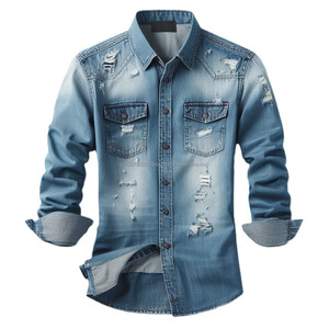 เสื้อยีนส์สีครามผ้าฝ้าย100% สำหรับผู้ชายผ้าทอลายทแยงสีฟ้าอ่อนมีสไตล์ลำลองแบบสมาร์ทมีกระดุมกระเป๋าระบายอากาศ - Product Image 5