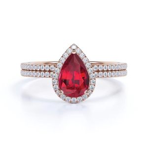 Bague de fiançailles vintage en argent sterling 925 avec rubis de laboratoire taille poire de 1,50 carat et placage or pavé, bijou de déclaration pour soirée - Product Image 2
