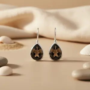 Boucles d'oreilles en argent 925 plaqué or 18 carats avec quartz fumé en forme de larme pour femmes, pour mariages, fêtes, boucles d'oreilles pendantes avec perles et diamants - Product Image 2