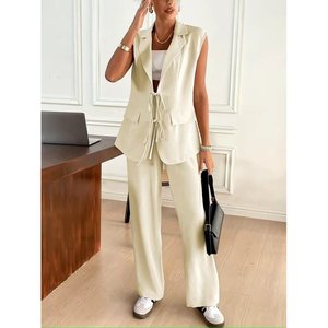 Conjunto de Dos Piezas para Mujer, Chaqueta sin Mangas con Cuello y Cordones Delanteros y Pantalones, 36914 - Beige - Product Image 2