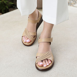 [JSHOE] <b>Women</b> Action Cowhide Leather Platform <b>Sandals</b> 6cm Wedge Heel Hook and Loop <b>Strap</b> Comfort Casual Shoes - Product Image 4